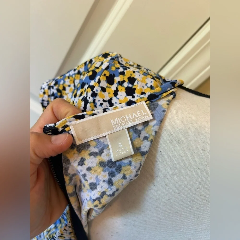 Michael Kors Floral Blue, yellow, gold short sleeve Midi Dress
